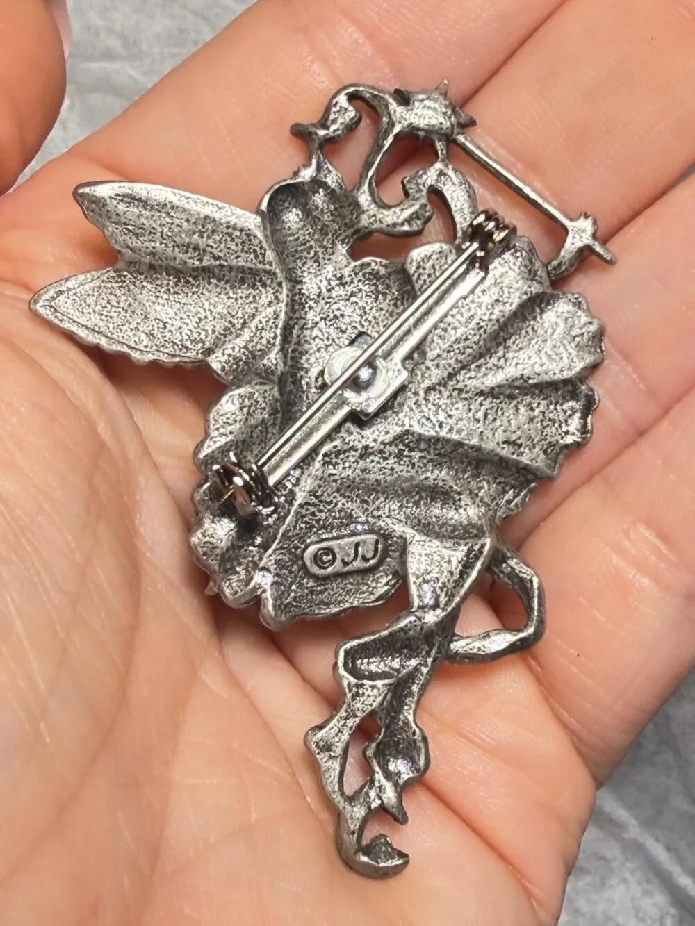 Fairy Angel Brooch Purple Glitter Wand Flower Pewter Vintage JJ Pin 2 inches